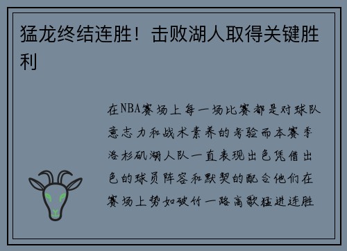 猛龙终结连胜！击败湖人取得关键胜利